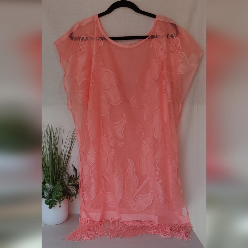 Kendall & James Swim Sheer Pullover Peach Floral Cover Up- One Size